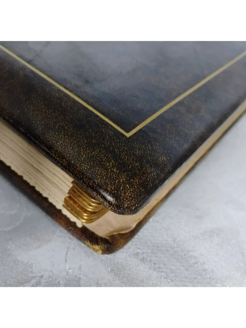 Vintage MCM Our Family Cowhide Leather Photo Album Brass Corners Gold Trim